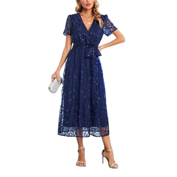 C.CLINE Navy Blue Floral Embroidered Midi Surplice Dress Size 2XL - Picture 1 of 6